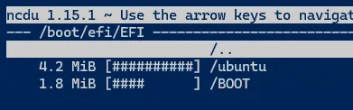 The console program ncdu showing the space used by files in /boot/efi, around 6 MiB