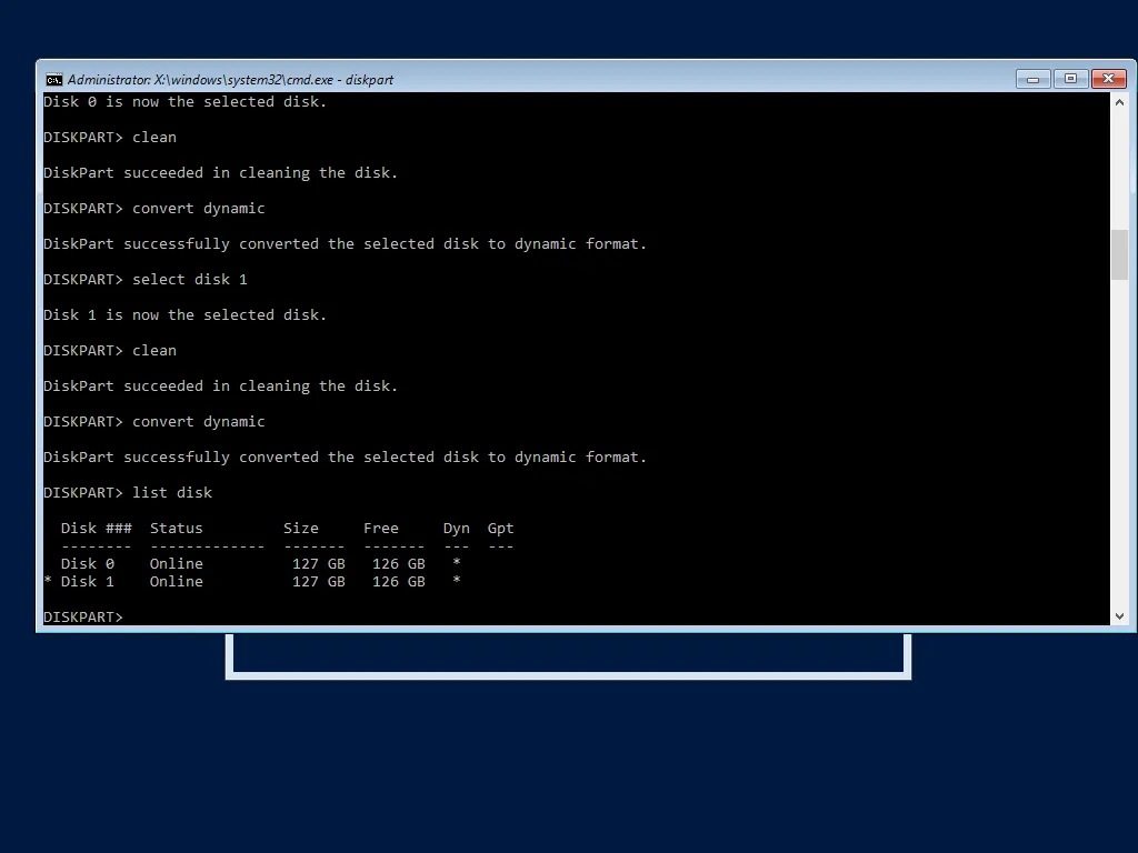 Output of list disk with dynamic disks.