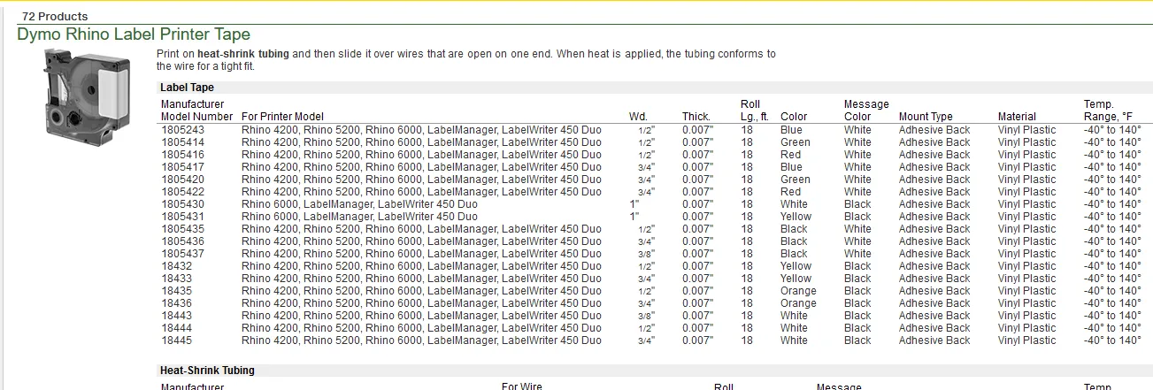 A screenshot of the McMaster product page showing a table of Rhino labels, all of which are compatible with consumer LabelManager units