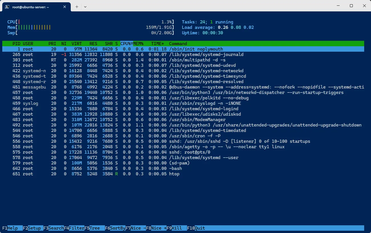 The command line application htop showing a small list of running processes and Ubuntu using 159MiB of RAM